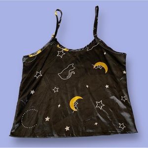 Black Celestial Cat Silk Pajama Tank Top